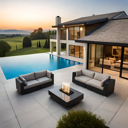 3d rendering of modern cozy house with pool and parking for sale or rent in luxurious style and beautiful landscaping on background. Clear summer evening with blue sky.の素材