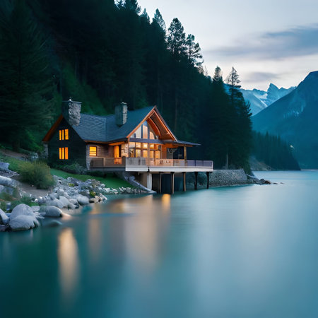 Luxury wooden house on mountain lake shore at dusk, Alps, Switzerlandの素材