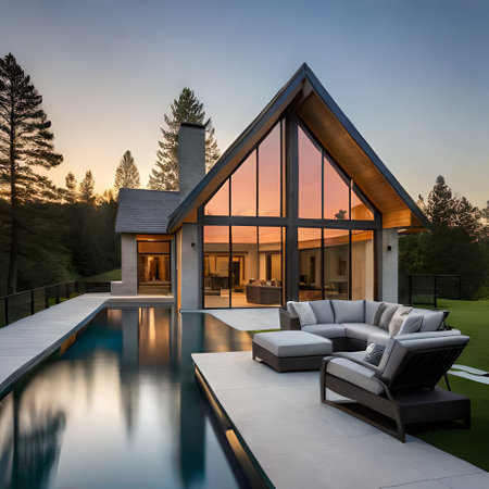 Luxury house with swimming pool at sunset. Northwest, USAの素材