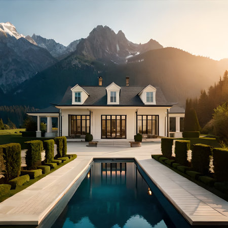 Luxury house with swimming pool and mountains in background. Sunsetの素材