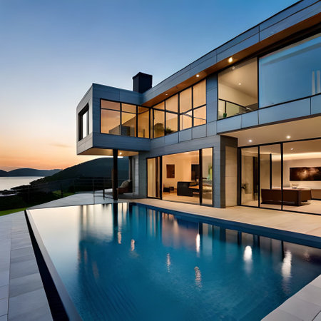 Modern house with swimming pool and outdoor deck at sunset. Nobody insideの素材