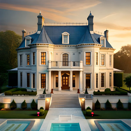 3d rendering of a beautiful classic house in the park at sunsetの素材