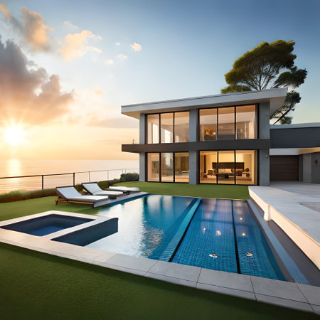 3d rendering of modern cozy house with pool and parking for sale or rentの素材