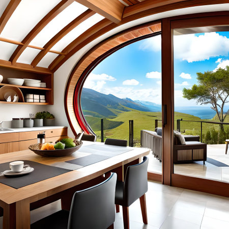 Interior of modern house, terrace with wooden ceiling, panoramic view. 3d renderingの素材