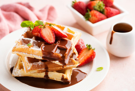Belgian waffles with strawberries and chocolate on a pink background.の写真素材