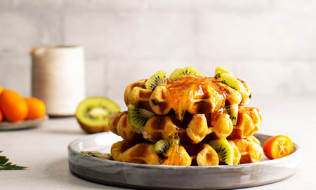 Waffles with kiwi and caramel on a light background.の写真素材
