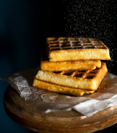 Stack of homemade belgian waffles with sugar powder on dark backgroundの写真素材