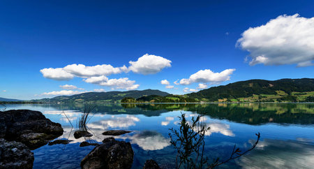 Beautiful mountain lake with reflection in water. Ukraine, Carpathiansの写真素材