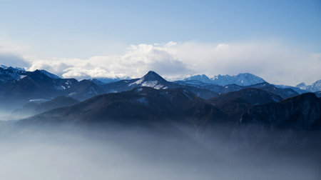 Mountain landscape in the clouds. Caucasus, Dombay.の写真素材