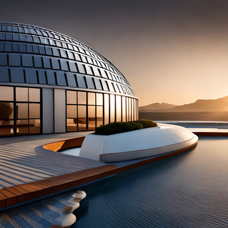 3d render of modern house on the water at sunset time.の素材