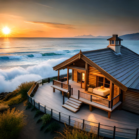 Beautiful sunset on the beach with wooden house on the cliff.の素材