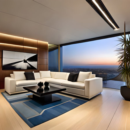 3D rendering of a modern living room with a view of the cityの素材