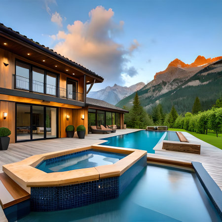 3d rendering of modern cozy chalet with pool and parking for sale or rent. Massive mountains on background. Massive timber beams columns. Clear summer evening with blue sky.の素材