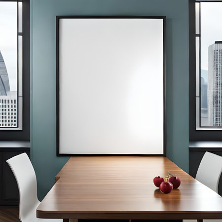 Interior of modern meeting room with blue walls, concrete floor, long wooden table with white chairs and vertical poster. 3d rendering mock upの素材