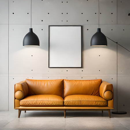 Minimalistic living room interior with a brown leather sofa and a vertical poster. 3d rendering mock upの素材
