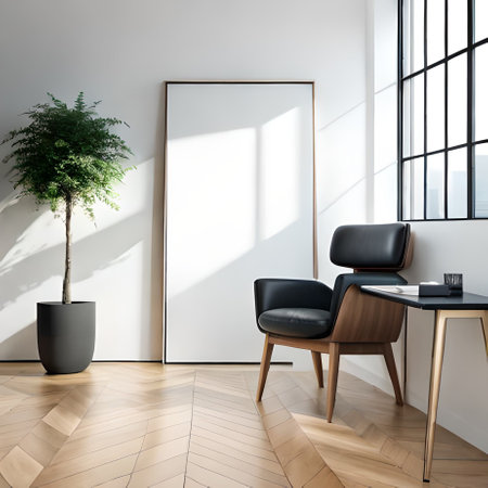 Interior of modern office waiting room with white walls, wooden floor, white computer tables with black leather chairs and vertical mock up poster frame. 3d renderingの素材