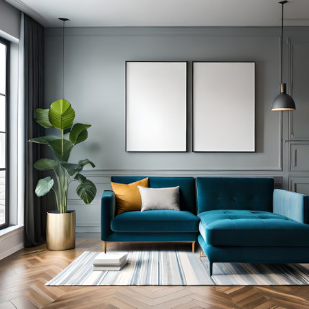 Interior of modern living room with gray walls, wooden floor, comfortable blue sofa standing near window and two vertical mock up posters. 3d renderingの素材