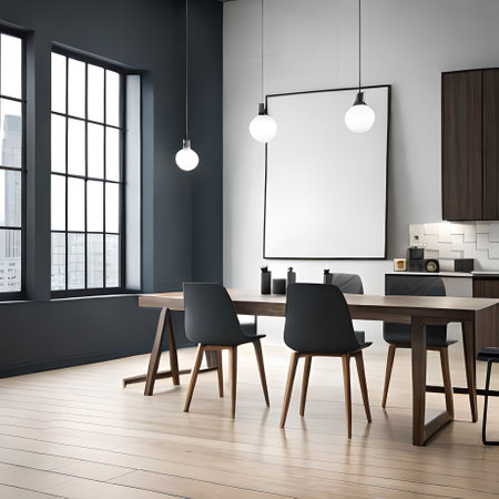 Interior of modern dining room with gray walls, wooden floor, white cupboards, wooden table with black chairs and horizontal mock up poster. 3d renderingの素材