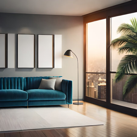 Modern living room interior with blue sofa, coffee table and window with city view. Mock up, 3D Renderingの素材