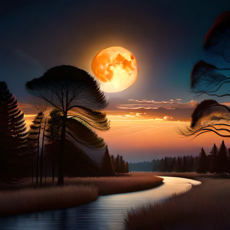 Fantasy landscape with a lake, forest and a full moon.の素材