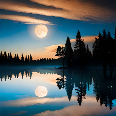 Fantastic night landscape with lake, forest and sky reflected in waterの素材