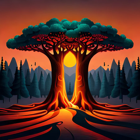 Fantasy tree in the middle of the forest at sunset. Vector illustration.の素材