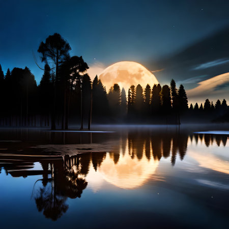 Foggy sunrise over a lake with pines reflected in the waterの素材