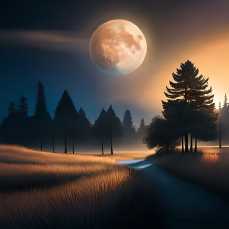 Fantasy landscape with a road in the forest and a full moonの素材