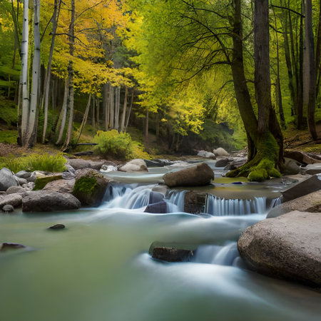 Mountain stream in the autumn forest with rocks and trees in the foregroundの素材