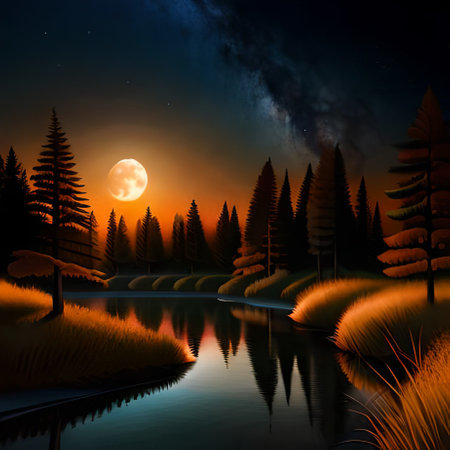 Fantasy landscape with lake and forest at night in full moon lightの素材