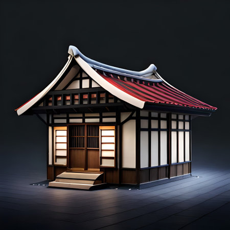 3d illustration of japanese house with red roof on black backgroundの素材