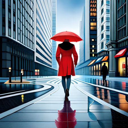Woman in red coat walking on the street with umbrella. 3D renderingの素材