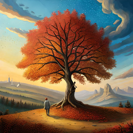 Autumn landscape with a big tree on the hill and a man walkingの素材