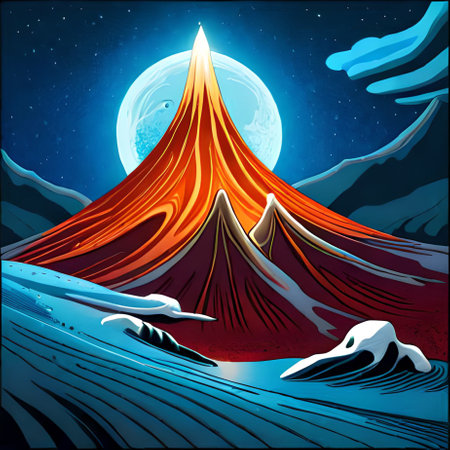 Illustration of a mountain with a red tent in the night skyの素材