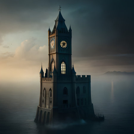 The tower of the church in the fog. 3D render.の素材