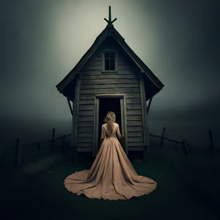 Mysterious woman in a long evening dress standing in front of an old wooden churchの素材