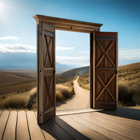 Open door in the desert. 3d render. Conceptual imageの素材