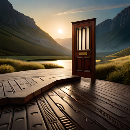 Wooden door in the mountains. 3D render. Sunset.の素材