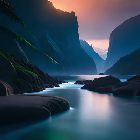 Beautiful landscape with mountains and river at sunset, 3d renderの素材