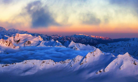 Mountain panorama at sunset. Caucasus Mountains, Georgia, region Gudauri.の写真素材