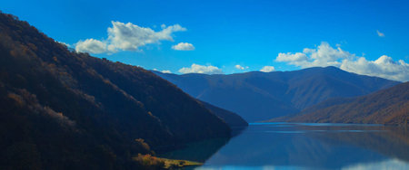 panoramic view of the lake and mountains in autumn, Abkhaziaの写真素材