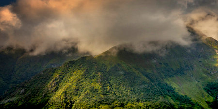 Mountain landscape with fog and clouds at sunset. Panoramic view