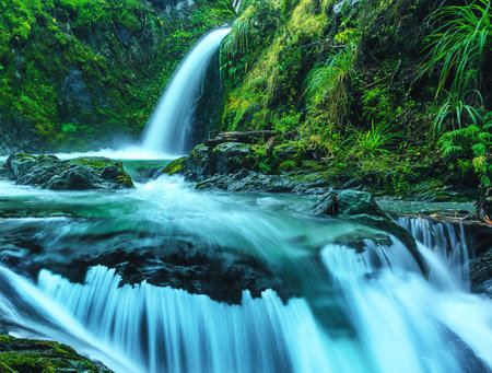 Waterfall in deep forest at Doi Inthanon National Park, Chiang Mai, Thailandの写真素材