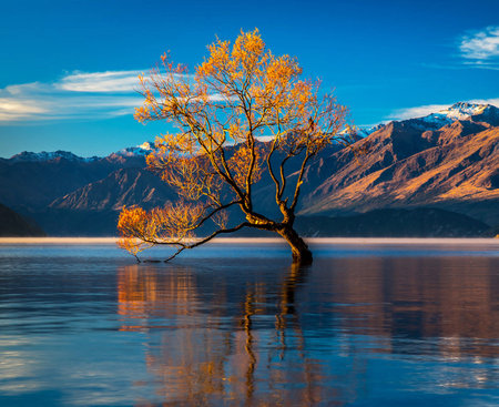 Lonely tree on lake Wanaka, South Island, New Zealandの写真素材