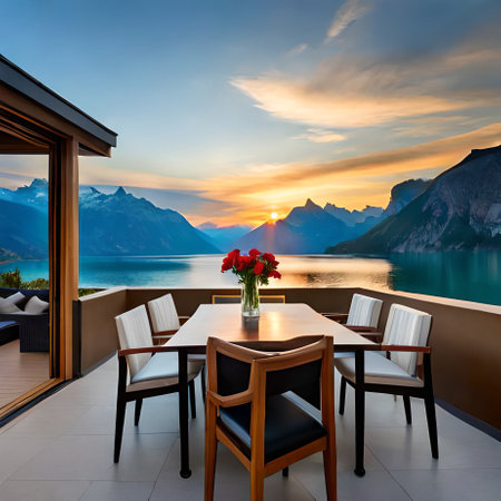 Luxury terrace overlooking the lake and mountains at sunset.の素材