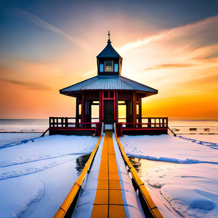Pavilion on the beach at sunset in winter. Beautiful landscape.の素材
