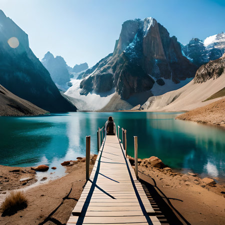 Wooden walkway leading to the lake in Cordillera Blanca, Peruの素材