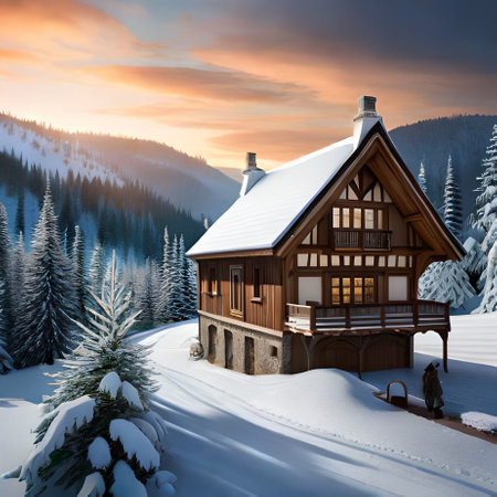 Wooden cottage in the mountains at sunset. Beautiful winter landscape.の素材