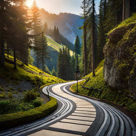 Wooden walkway in the mountains at sunset, Dolomites, Italyの素材