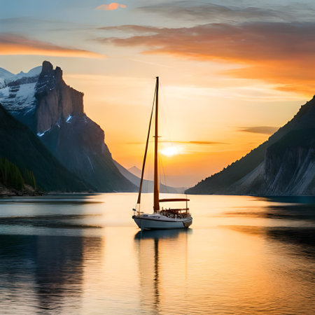 Sailing boat in the fjord at sunset. Norway.の素材